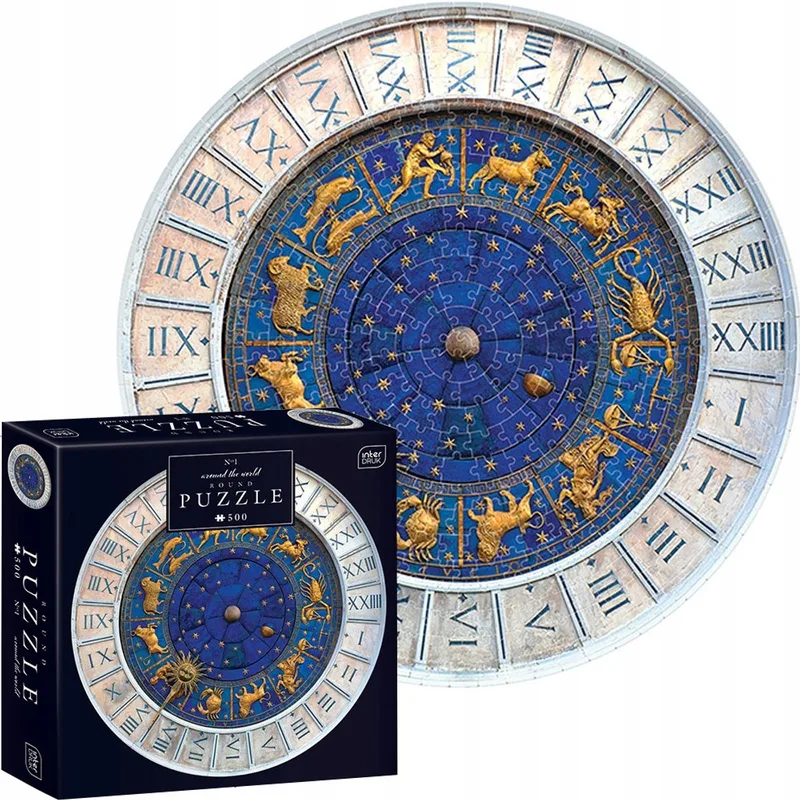 PUZZLE - 500 STUKJES - Interdruk Ronde puzzel 500-delige sterrenbeelden ⌀63cm van Geronimo Games, editie Meerkleurig – doos