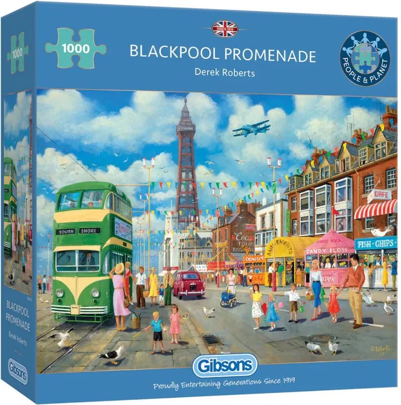 Blackpool Promenade (door Derek Roberts) - 1000 stukjes 68×49cm (b×h) - Legpuzzel voor volwassenen fra Gibsons, Flerfarvet-udgave – æske