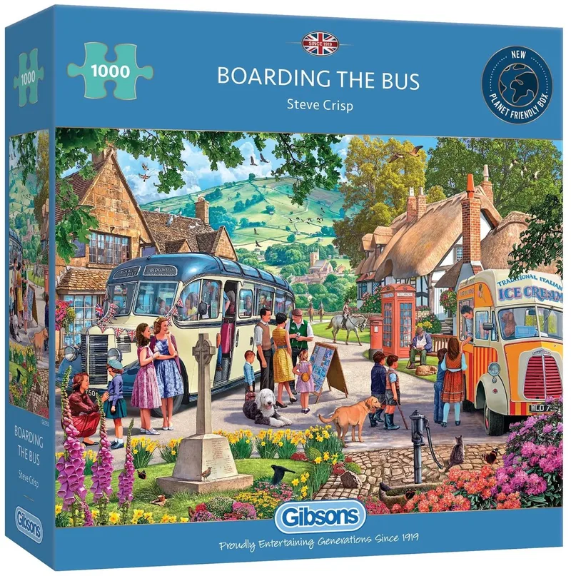 Boarding the Bus (door Steve Crisp) - 1000 stukjes 68×49cm (b×h) - Legpuzzel voor volwassenen fra Gibsons, Flerfarvet-udgave – æske