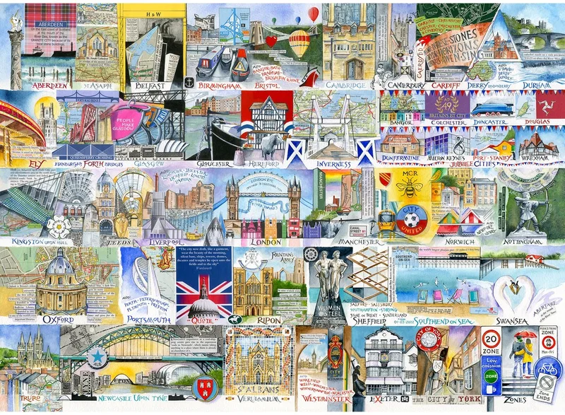 Bright Lights & Big Cities (door Val Goldfinch) - 1000 stukjes 68×49cm (b×h) - Legpuzzel voor volwassenen fra Gibsons, Flerfarvet-udgave – æske