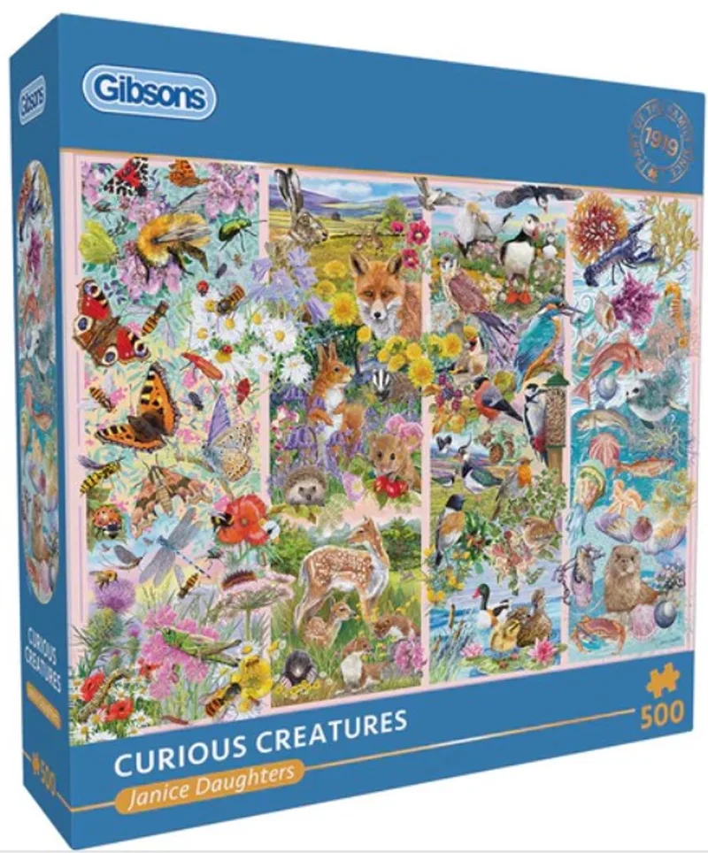 Curious Creatures (door Janice Daughters) - 500 stukjes 48×34cm (b×h) - Legpuzzel voor volwassenen fra Gibsons, Flerfarvet-udgave – æske