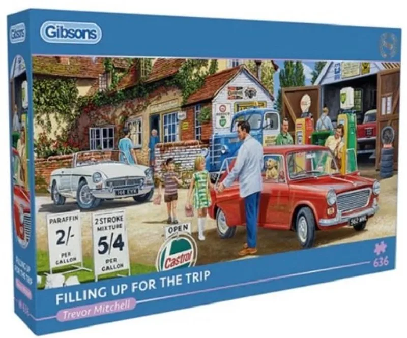 Filling Up for the Trip (door Trevor Mitchell) - 636 stukjes 69×32cm (b×h) - Panorama Legpuzzel från Gibsons, utgåva Flerfärgad – kartong