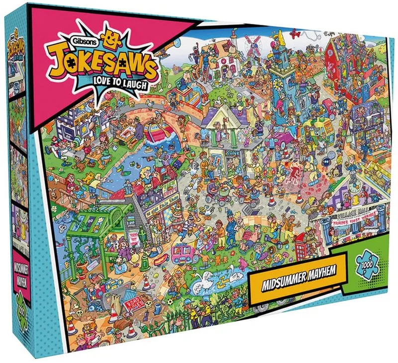 Jokesaws: Midsummer Mayhem (door Phil Dobson) - 1000 stukjes 68×49cm (b×h) - Legpuzzel voor volwassenen van Gibsons, editie Midsummer Mayhem (door Phil Dobson) – doos