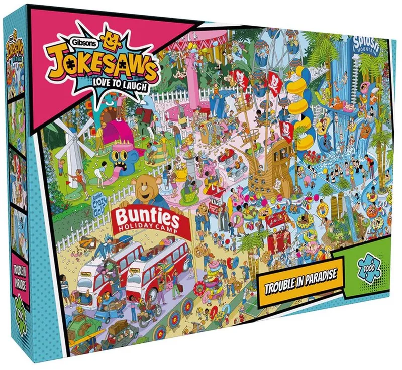 Jokesaws: Trouble in Paradise (door Andy Tudor) - 1000 stukjes 68×49cm (b×h) - Legpuzzel voor volwassenen von Gibsons, Ausgabe Trouble in Paradise (door Andy Tudor) – Schachtel
