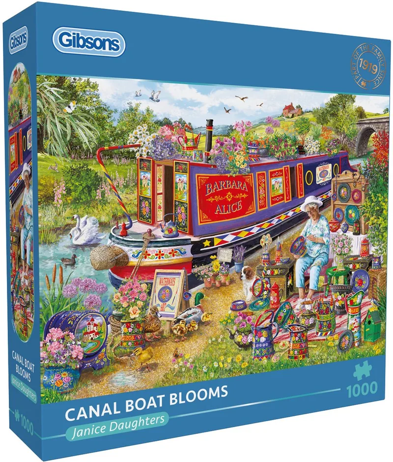 Kanaalboot in Bloei ("Canal Boat Blooms") - Janice Daughters - 1000 stukjes - 68×49cm - Legpuzzel voor Volwassenen van Gibsons, editie Meerkleurig – doos