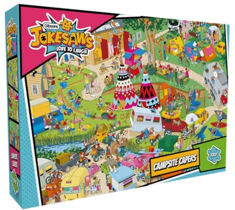 London Skyline (door Josie Shenoy) - 1000 stukjes 68×49cm (b×h) - Legpuzzel voor volwassenen van Gibsons, editie Campsite Capers (door Andy Tudor) – doos