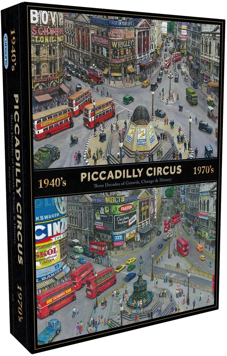 Piccadilly Circus Through the Decades (door Bryan Evans) - 1000 stukjes 49×68cm (b×h) - Legpuzzel voor volwassenen van Gibsons, editie Meerkleurig – doos