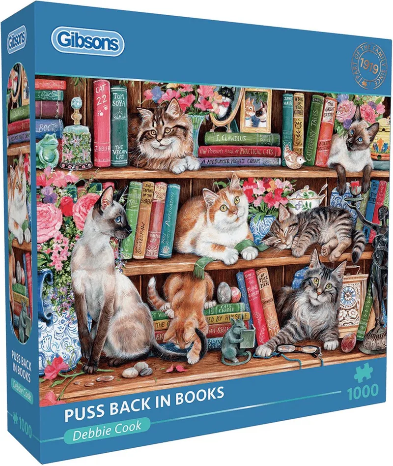 Puss Back in Books (door Debbie Cook) - 1000 stukjes 68×49cm (b×h) - Legpuzzel voor volwassenen de Gibsons, édition Multicolore – boîte