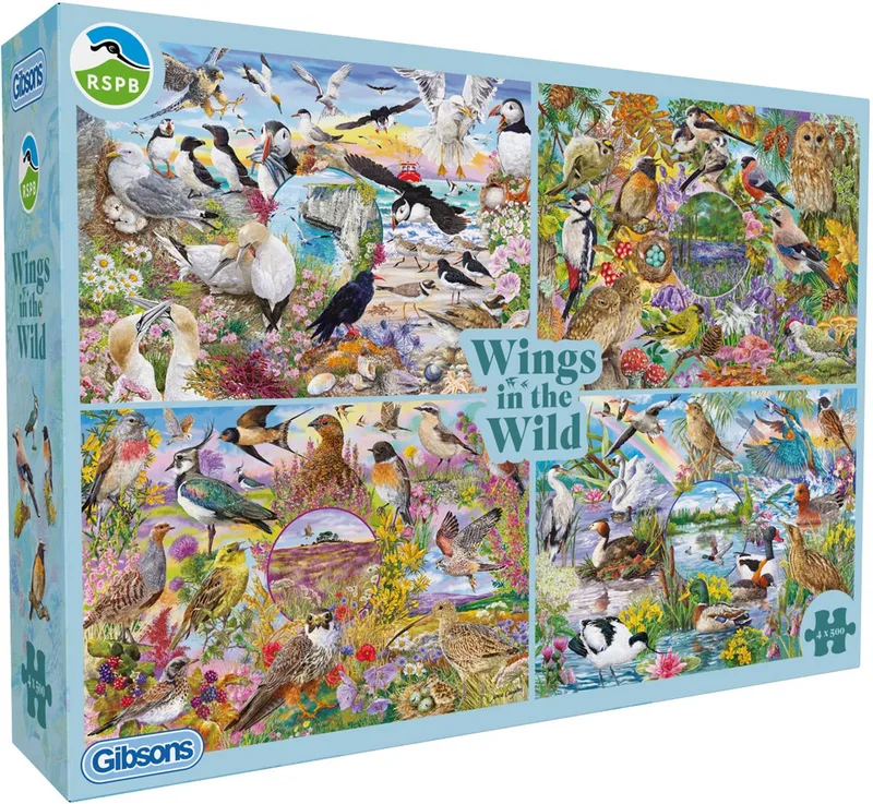 RSPB: Vleugels in het Wild ("RSPB: Wings in the Wild") - Janice Daughters - 4×500XL stukjes - 48×34cm - Legpuzzel voor Volwassenen van Gibsons, editie Meerkleurig – doos