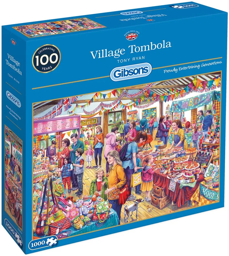 Village Tombola (door Tony Ryan) - 1000 stukjes 68×49cm (b×h) - Legpuzzels voor volwassenen fra Gibsons, Flerfarvet-udgave – æske