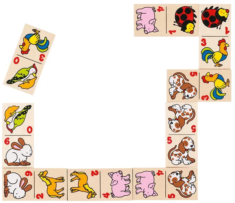 Domino: DIEREN 6x3cm, 28 blokjes, hout, in houten kistje, 3+ från Goki – kartong