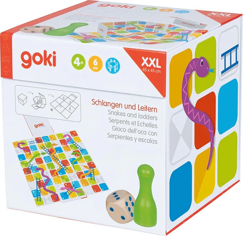 Gezelschapsspel: SLANGEN & LADDERS XXL 15x15x15cm, met dobbelsteen, 4+ van Goki – doos