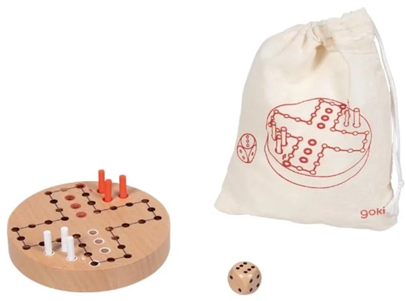 houten Ludo spel compact in katoenen zak - reisspel. von Goki – Schachtel