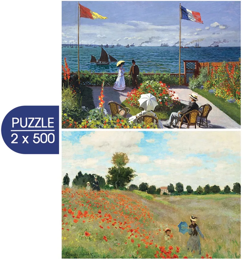puzzel Monet kunst 500 stukjes - Garden at Sainte Adresse en Poppy Field. from Grafika, Multicolour edition – box