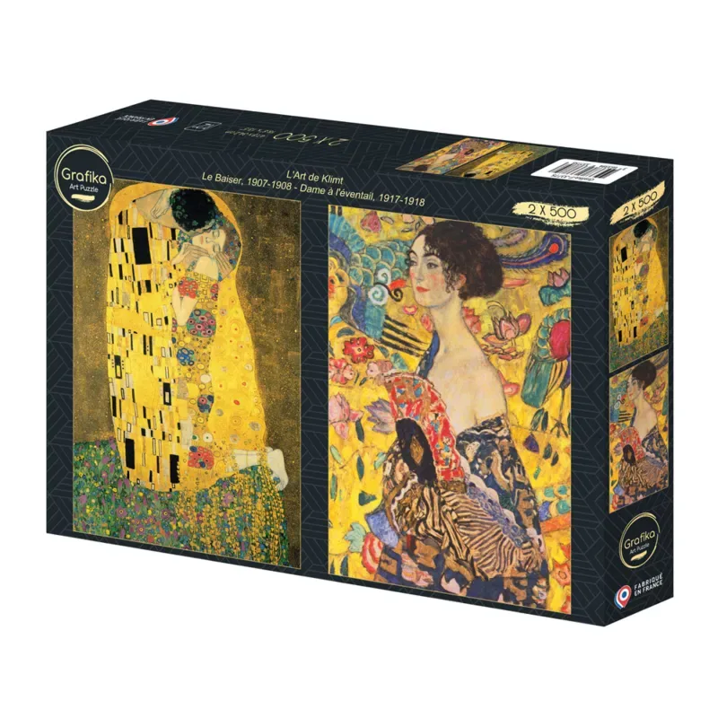 Puzzle 2 Puzzles - L'Art de Klimt : Le Baiser, 1907-1908 - Dame à l'éventail, 1917-1918 - 500 à 999 pièces van Grafika – doos
