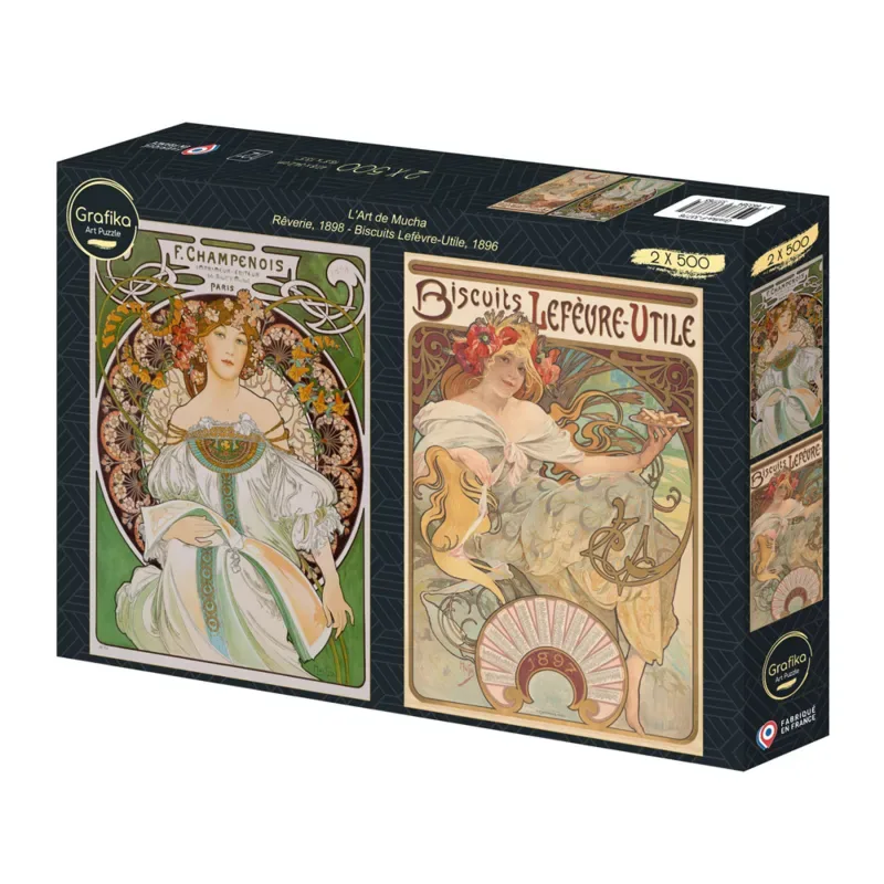Puzzle 2 Puzzles - L'Art de Mucha : Rêverie, 1898 - Biscuits Lefèvre-Utile, 1896 - 500 à 999 pièces de Grafika – boîte