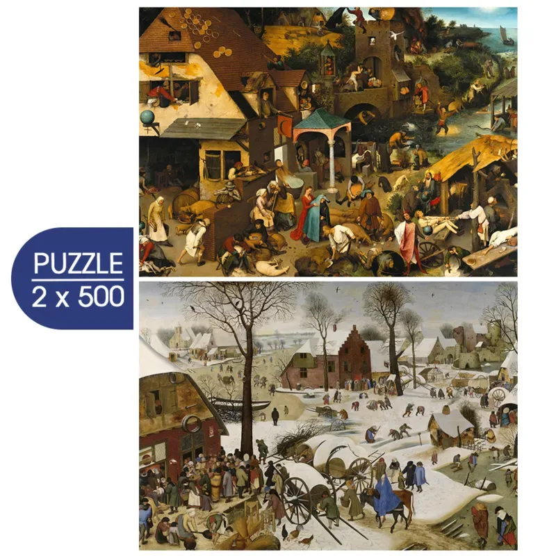 Puzzle 2 Puzzles - L'Art de Pieter Brueghel : Proverbes Flamands - Le Dénombrement de Bethléem - 500 à 999 pièces fra Grafika – æske