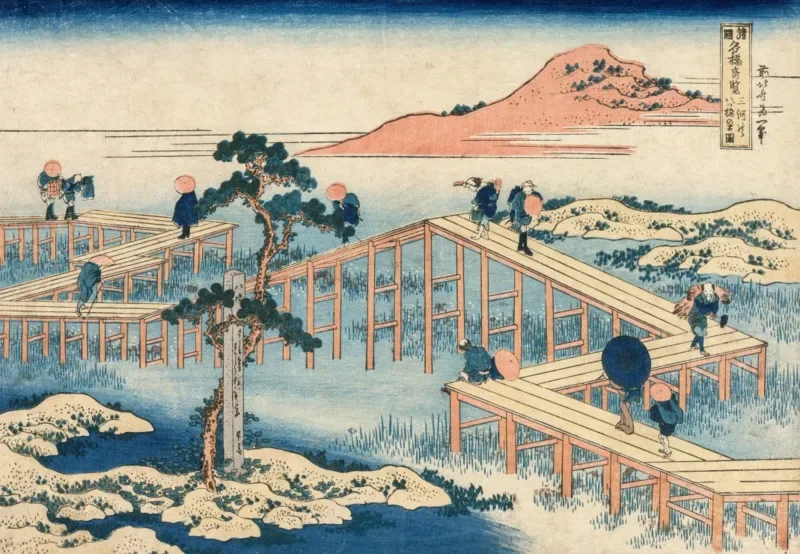 Puzzle Hokusai - Image Ancienne du Pont à Huit Parties dans la Province de Mikawa - 1000 pièces van Grafika – doos 1 van 2