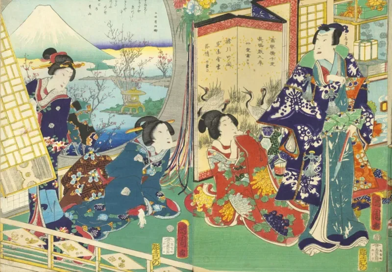 Puzzle Utagawa Kunichika - Le prince Genji en Visite dans une Demeure Donnant sur le Mont Fuji - 1000 pièces de Grafika – boîte 1 sur 2