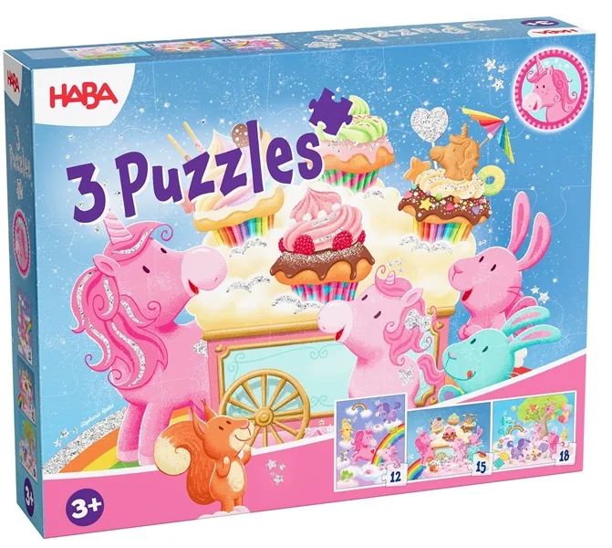 Eenhoorn Flonkerglans puzzelset (12, 15, 18) von HABA – Schachtel