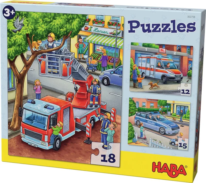Puzzel - Politie, brandweer & hulpverlening - 12, 15 & 18st. von HABA, Ausgabe Mehrfarbig – Schachtel 1 von 5