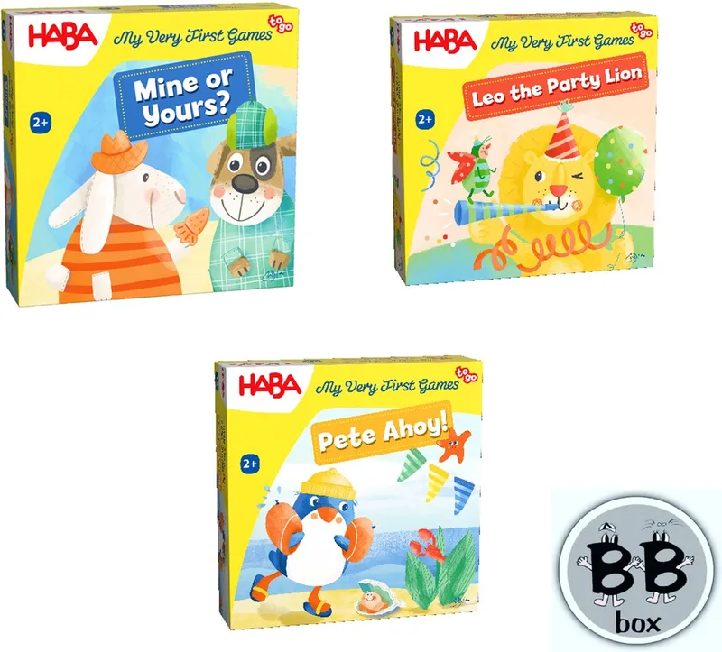 set van 3 spellen - vanaf 2 jaar: Piet Ahoi! - Partyleeuw Leo - Van mij of van jou? from HABA, Geel edition – box
