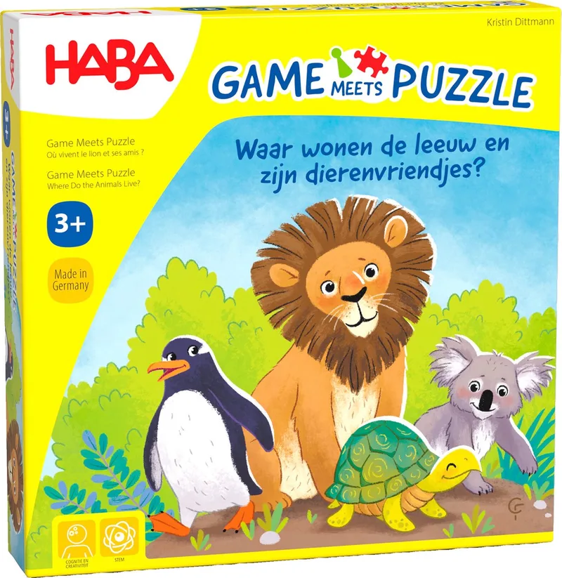 Spel / puzzel - Waar wonen de leeuw en zijn dierenvriendjes? - 3+ fra HABA, Meerdere kleuren-udgave – æske