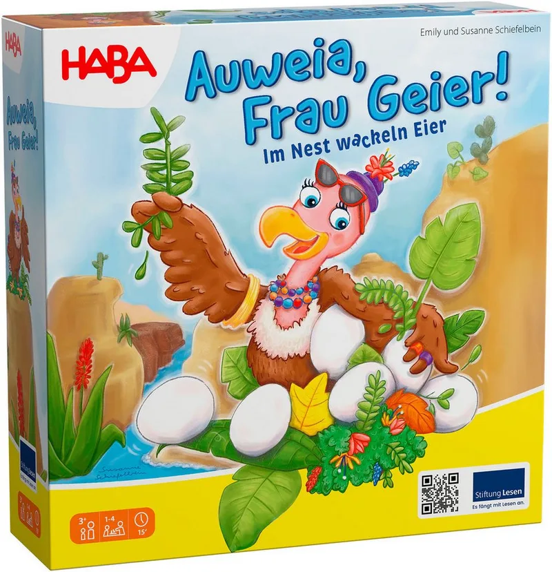 Spiel Auweia, Frau Geier! Im Nest wackeln Eier, Geschicklichkeitsspiel fra HABA, Bunt-udgave – æske