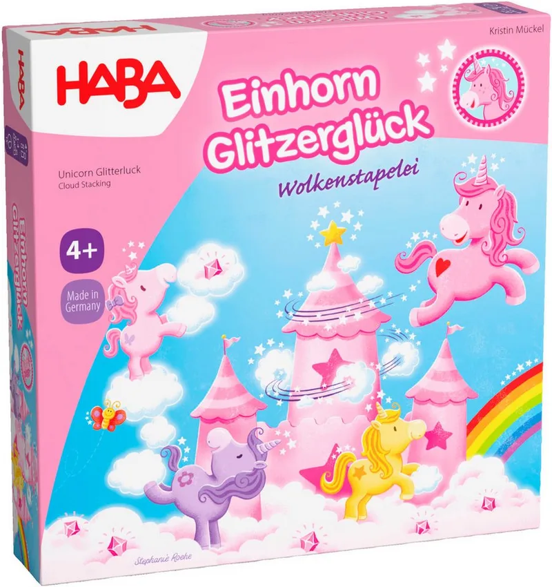 Spiel Einhorn Glitzerglück - Wolkenstapelei, Stapelspiel von HABA, Ausgabe Bunt – Schachtel