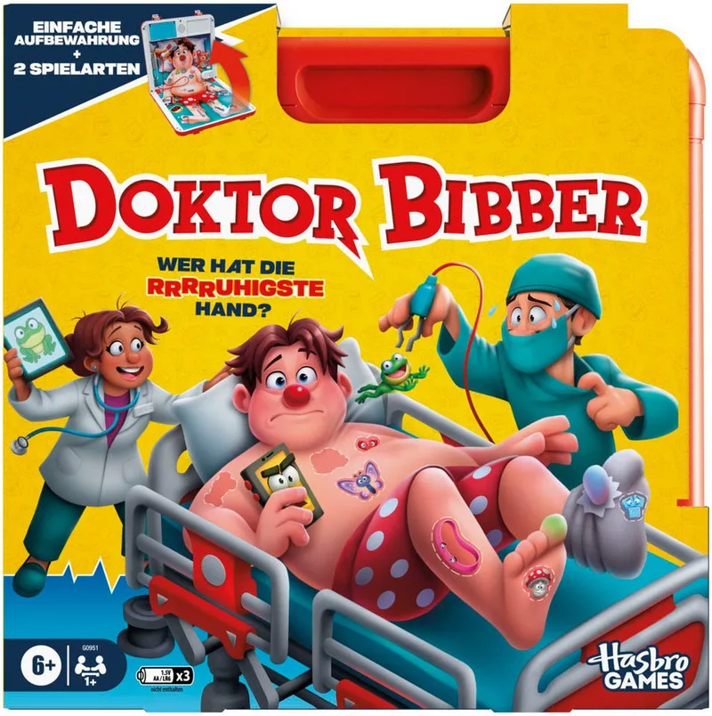 Spiel Doktor Bibber, Kinderspiel från Hasbro Gaming, utgåva Bunt – kartong