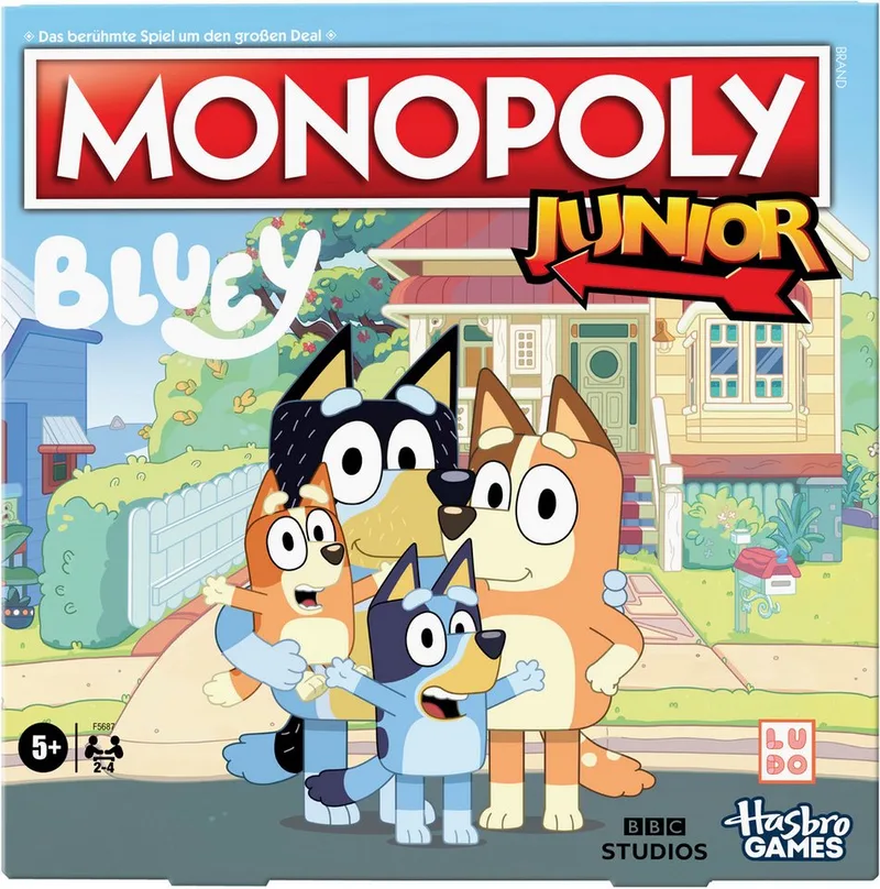 Spiel Monopoly Junior: Bluey Edition, Kinderspiel från Hasbro Gaming, utgåva Bunt – kartong