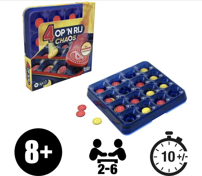 Vier op 'n Rij Chaos - Stuiter je schijven från Hasbro Gaming, utgåva Blauw rood en geel – kartong