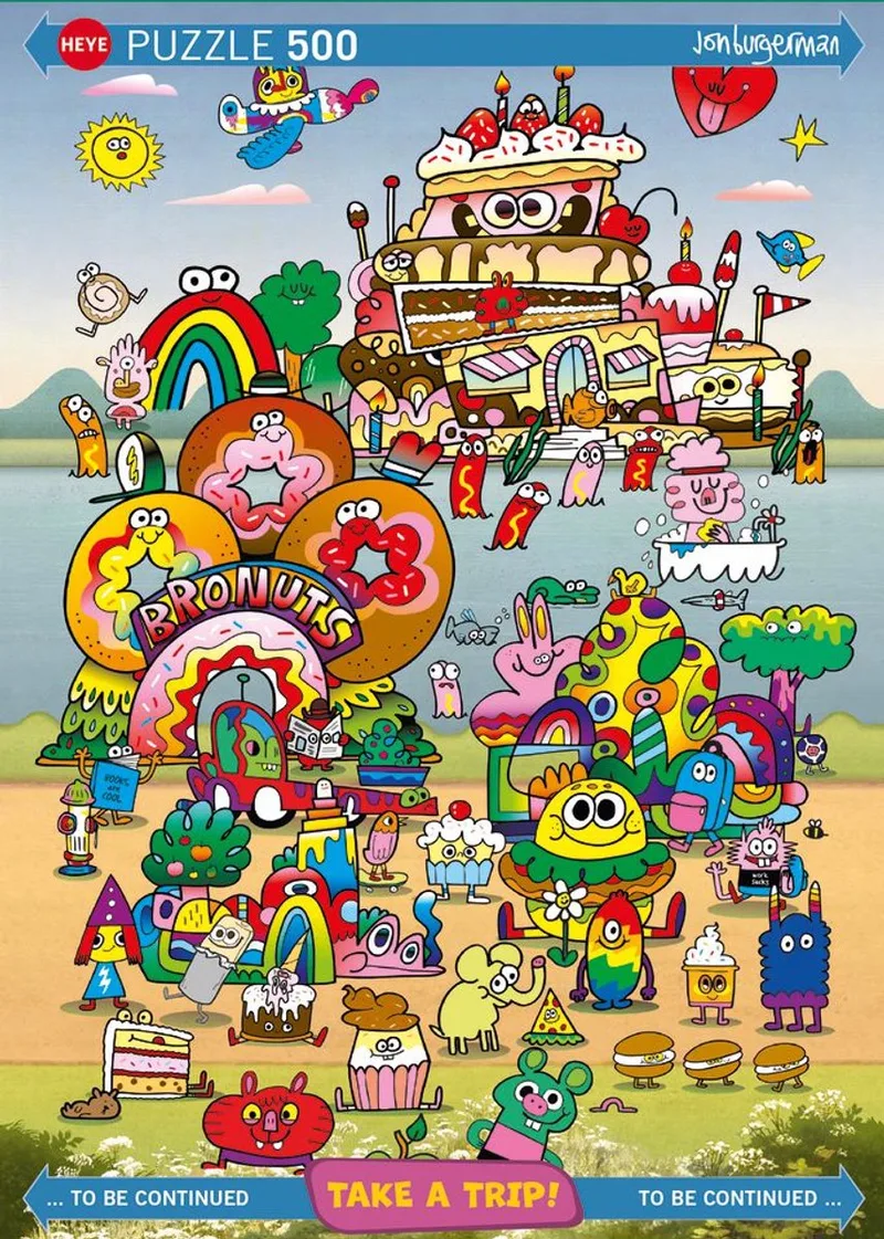 puzzel Jon Burgerman 500 stukjes - Take a Trip puzzelspel. van Heye, editie Meerkleurig – doos