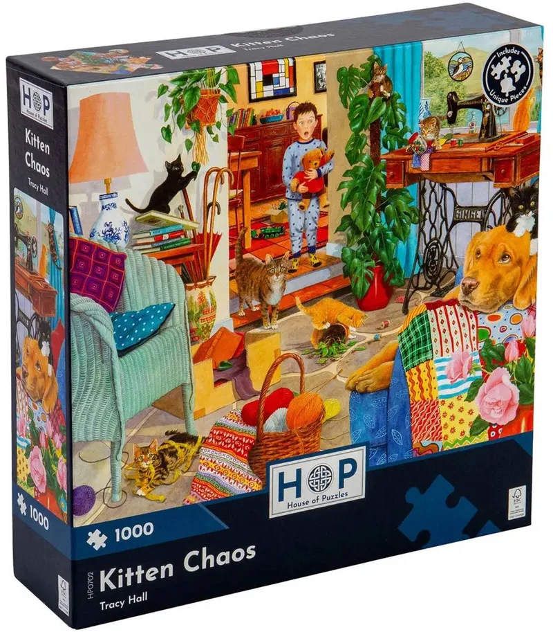 legpuzzel katten Kitten Chaos 1000 stukjes puzzel. fra House of Puzzles, Flerfarvet-udgave – æske
