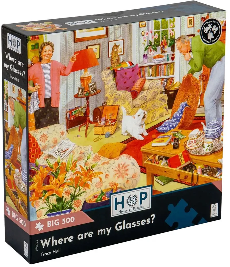 legpuzzel XXL Wo Ist Meine Brille? 500 stukjes. fra House of Puzzles, Flerfarvet-udgave – æske
