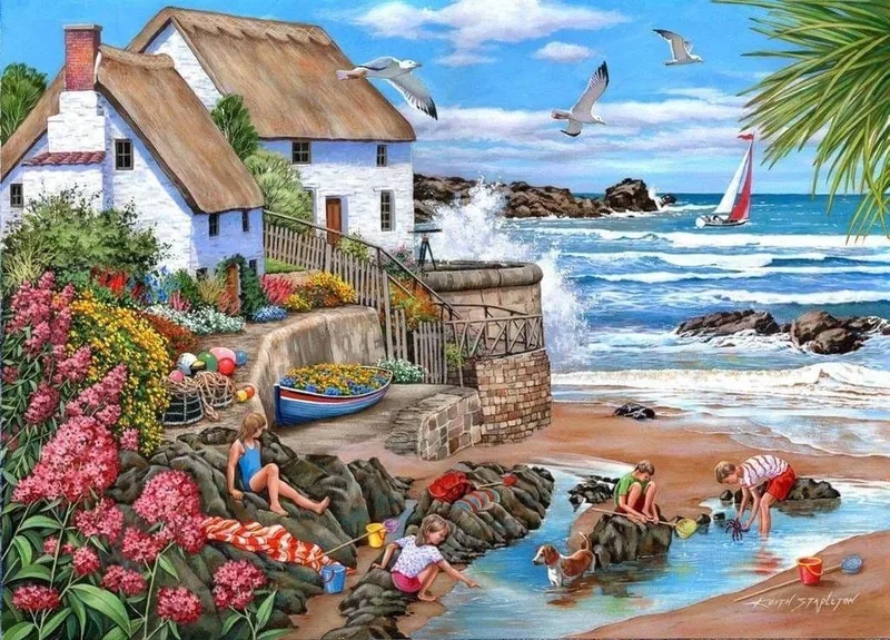 Seaspray Cottages Puzzel 1000 Stukjes de House of Puzzles, édition Multicolore – boîte