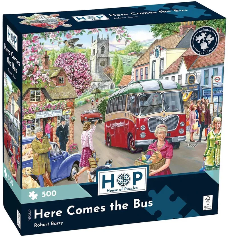 The House of Puzzles Here Comes the Bus 500 Piece Puzzle. from House of Puzzles, Multicolour edition – box
