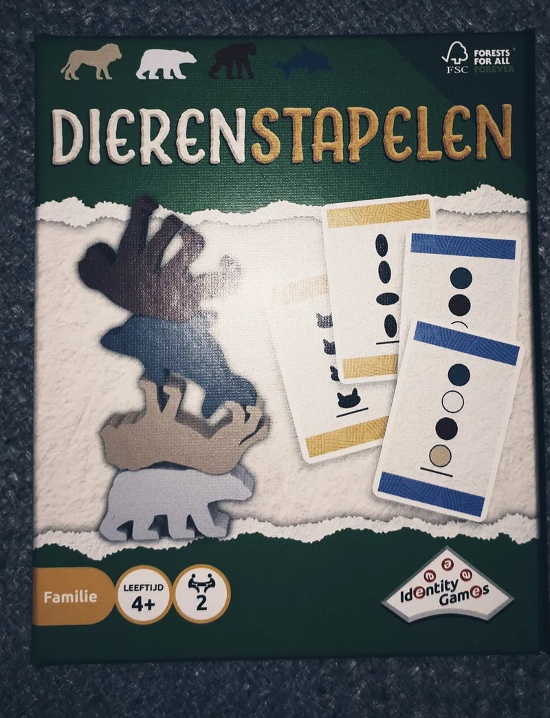 dierenstapelen - dieren stapelen - houten diertjes en speelkaarten - snel bouwen - kaartspel kinderen fra Identity Games – æske