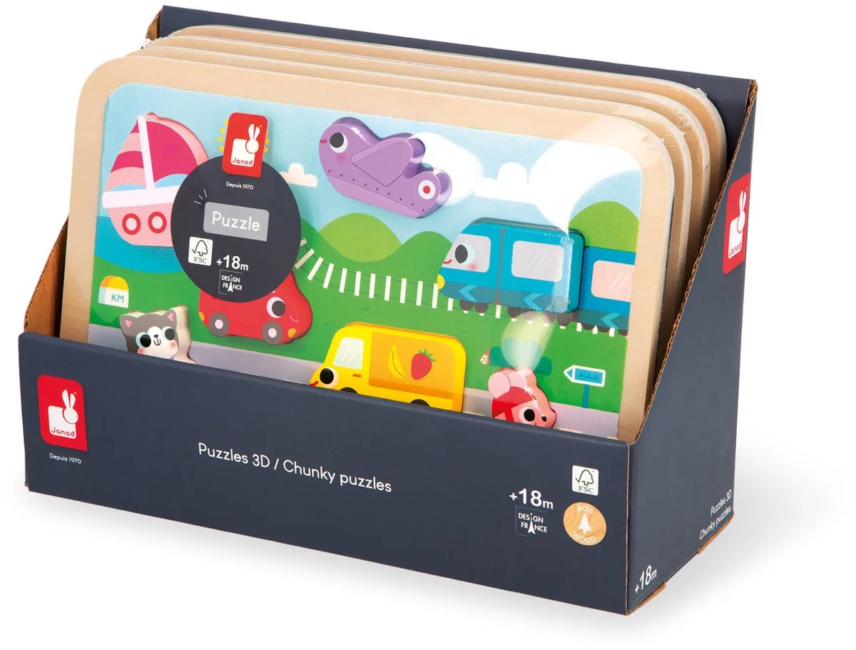 Chunky puzzel van Janod, editie Voertuigen – doos
