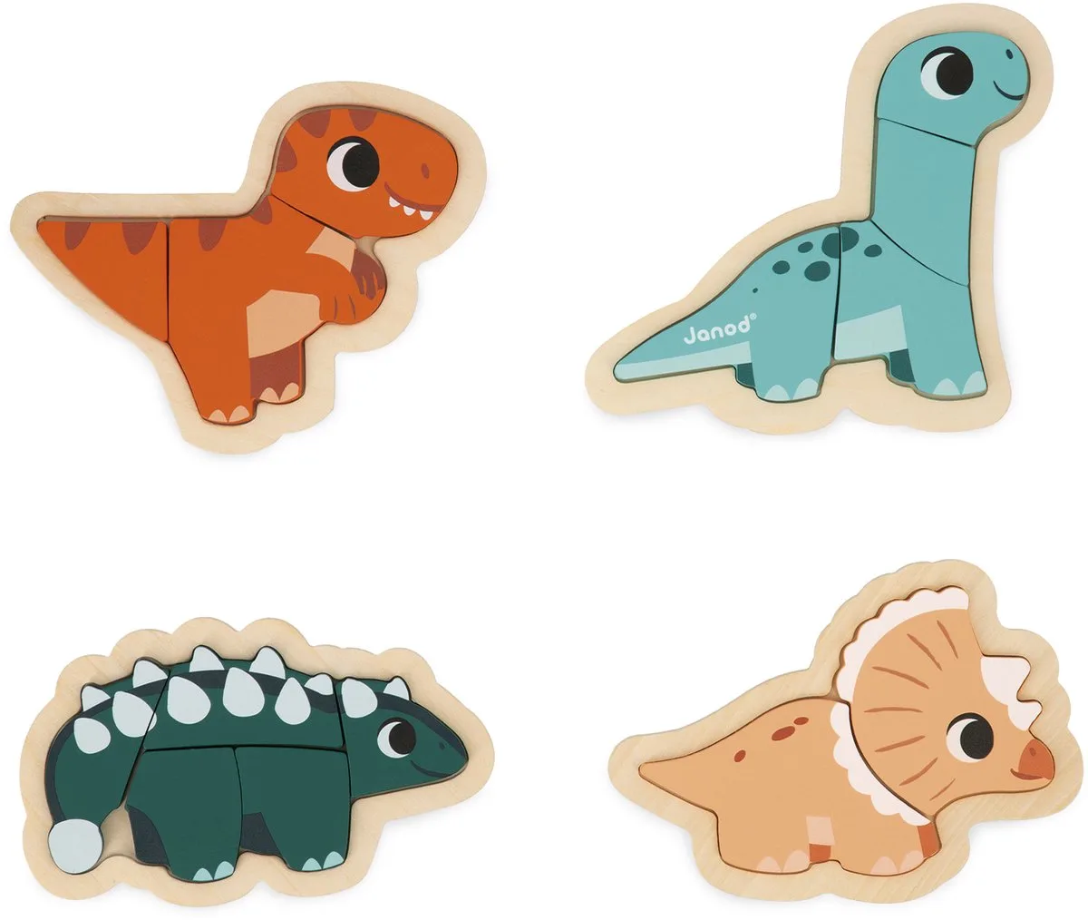 Dino - 4 Houten dino puzzels van Janod, editie Meerkleurig – doos