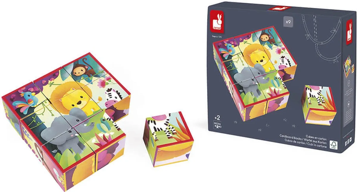 Kubkid 9 Blocks Jungle Animals Byggspel från Janod, utgåva Jungledieren – kartong