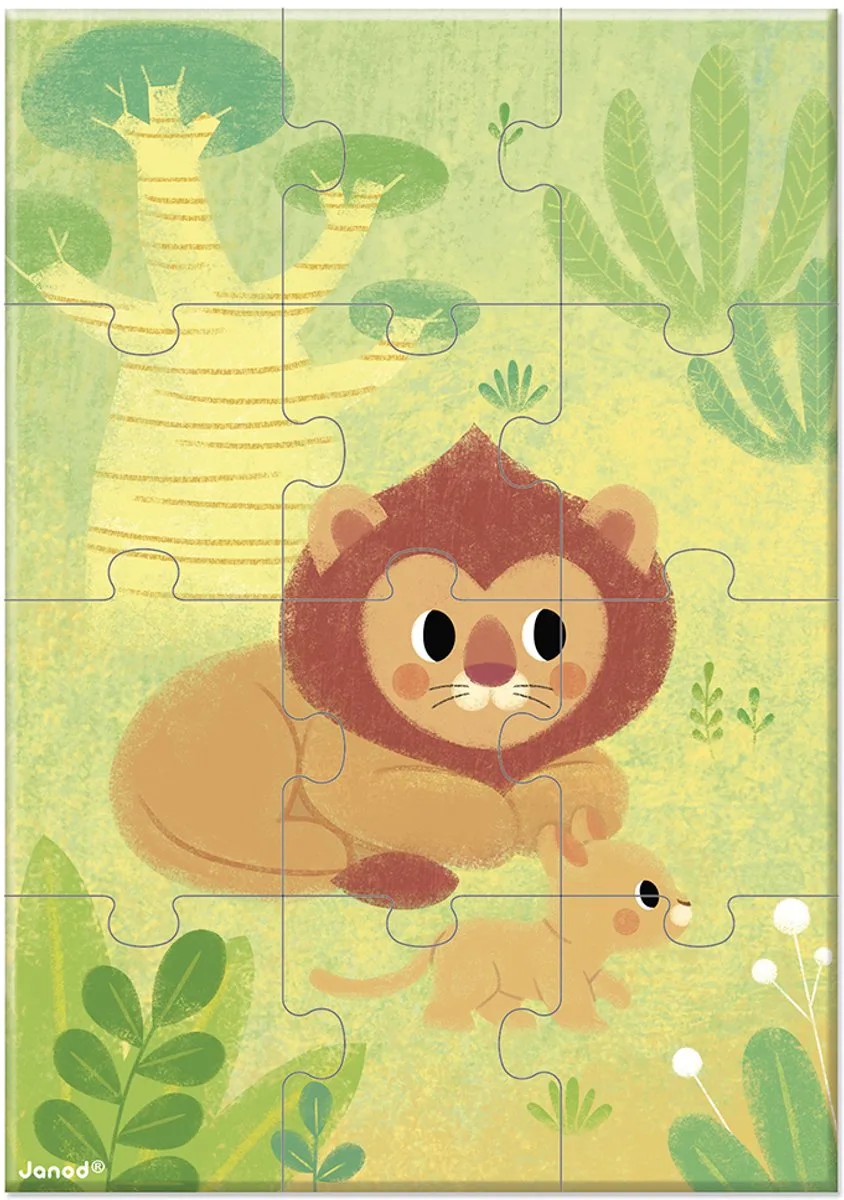 puzzel - Jungle dieren verzamelpuzzel karton 12 stukjes. de Janod, édition Multicolore – boîte