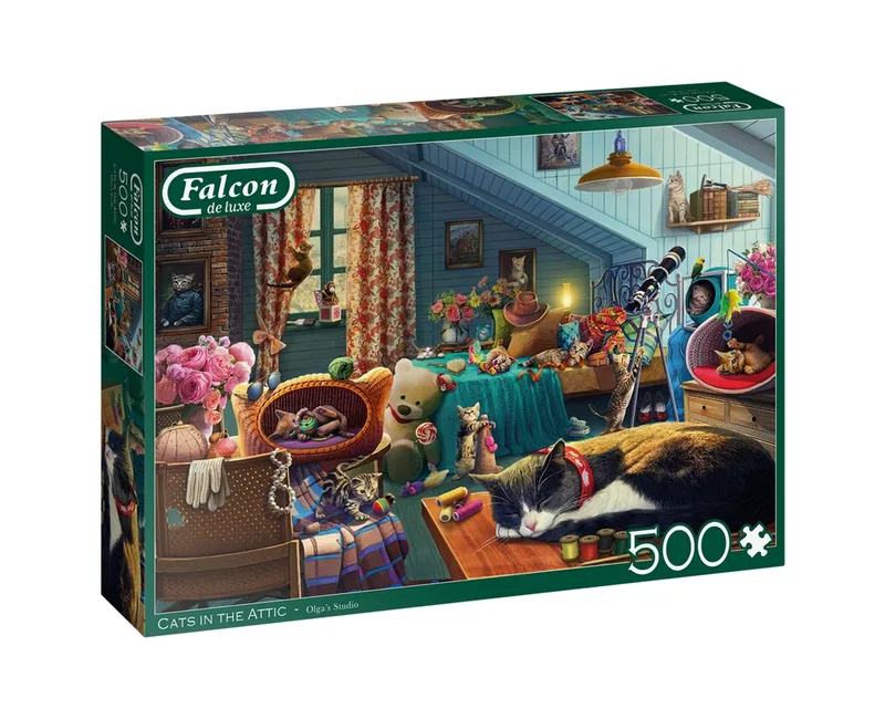 Puzzle Falcon 11300 Olgas Studio Katzen auf dem Dachboden 500 Teile Puzzle, 500 Puzzleteile, Made in Europe from Jumbo, Multicolour edition – box