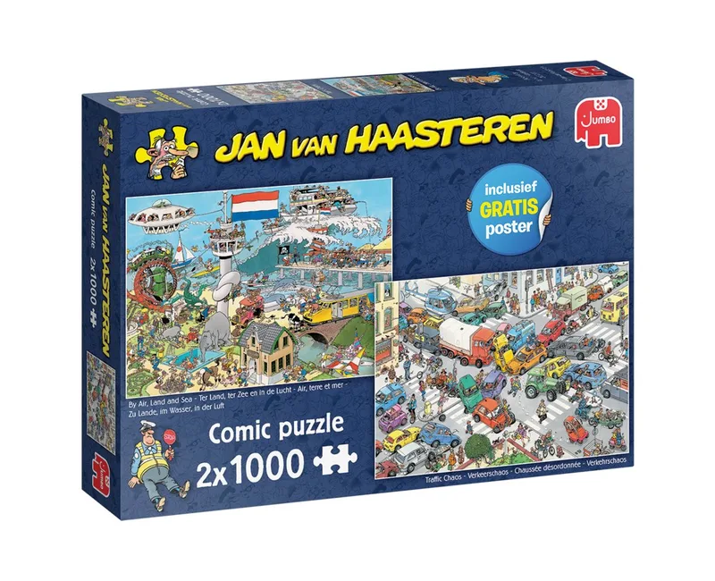 Puzzle Jan van Haasteren Verkehrschaos + Zu Lande, im Wasser, In der Luft, 1000 Puzzleteile de Jumbo, édition Multicolore – boîte 5 sur 5
