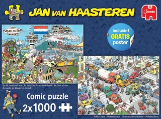 Puzzle Jan van Haasteren Verkehrschaos + Zu Lande, im Wasser, In der Luft, 1000 Puzzleteile de Jumbo, édition Multicolore – boîte 1 sur 5