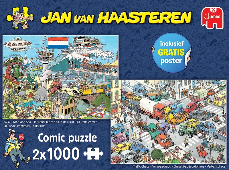 Puzzle Jan van Haasteren Verkehrschaos + Zu Lande, im Wasser, In der Luft, 1000 Puzzleteile de Jumbo, édition Multicolore – boîte 1 sur 5