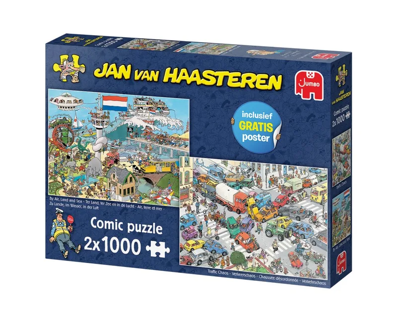 Puzzle Jan van Haasteren Verkehrschaos + Zu Lande, im Wasser, In der Luft, 1000 Puzzleteile de Jumbo, édition Multicolore – boîte 2 sur 5