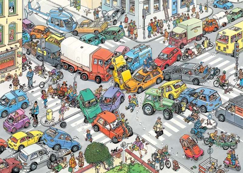 Puzzle Jan van Haasteren Verkehrschaos + Zu Lande, im Wasser, In der Luft, 1000 Puzzleteile de Jumbo, édition Multicolore – boîte 3 sur 5