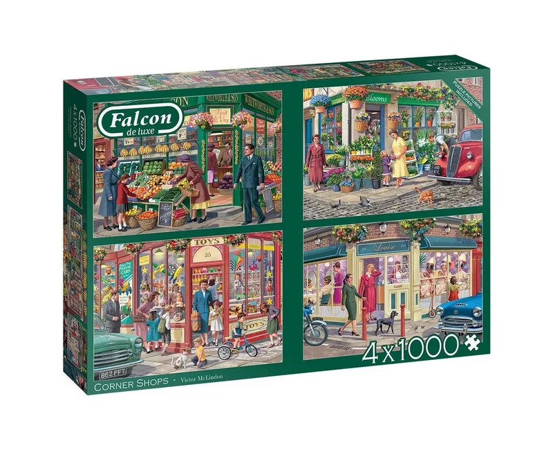 Puzzle Victor McLindon Corner Shops 4x1000 Teile Puzzle, 1000 Puzzleteile, Made in Europa de Jumbo, édition Multicolore – boîte 1 sur 2