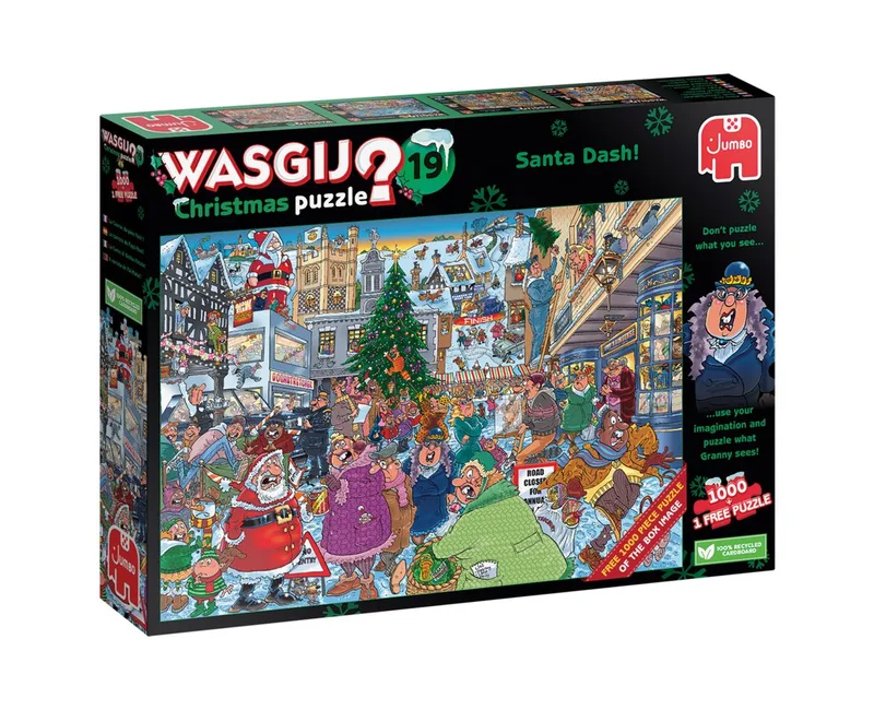 Puzzle Wasgij Christmas 19 Weihnachtsmann Sprint! 2x1000 Teile Puzzle, 1000 Puzzleteile från Jumbo, utgåva Flerfärgad – kartong